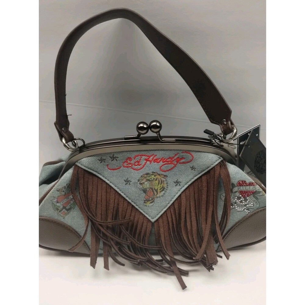 NWT Ed Hardy Denim Fringe Shoulder Bag Tiger Tattoo Charms Y2K Kiss Lock